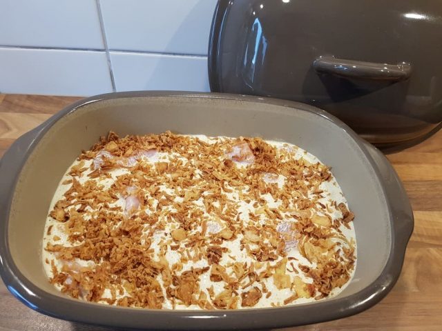 Zwiebel Sahne Putenschnitzel mit Basmati Reis aus dem Ofenmeister